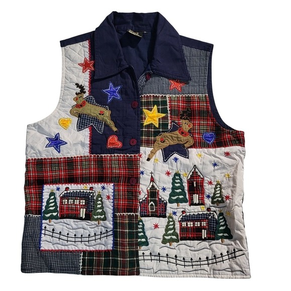 Vintage Reversible Christmas Vest Quilted Patchwork Holiday Reindeer Star Size M - Picture 1 of 5